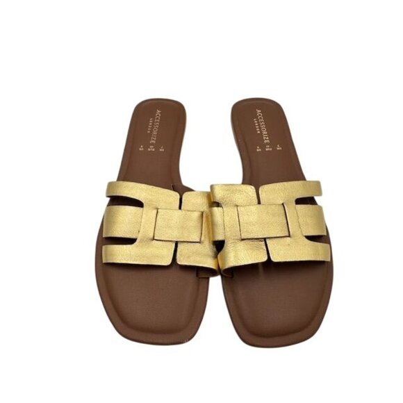 NWT Accessorize London Gold Slide Sandals size 9 Womens Faux Leather Flat Summer - Picture 5 of 5